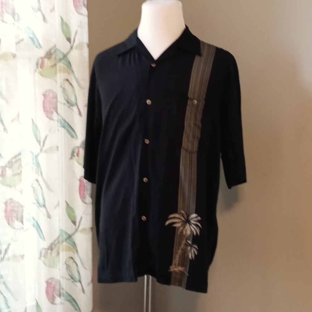 Bamboo Cay Men's Hawaiian Shirt Pinstripes and Palm Trees Size L EUC Large